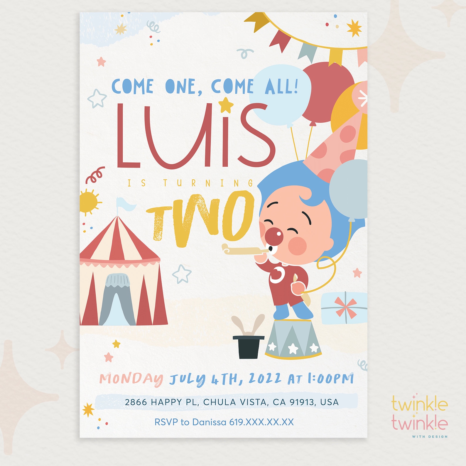 Plim Plim Circo Themed Birthday Party Invitation Customized Etsy Uk