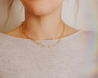 Hammered Paperclip Necklace, 14K Gold Filled Necklace, Paperclip Chain Necklace, Chain Necklace, Choker Necklace, Layering Necklaces