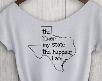 Blauw staat Texas TShirt. Slouchy Off-the-Shoulder of Unisex hemd. Armsteun katoen Tee keuze van kleuren & Swing States. Trots liberaal Tee
