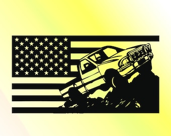 May include: Black and white graphic of an American flag with a truck climbing over rocks. The flag is in the background, with the stars and stripes design. The truck is in the foreground, with a detailed front end.
