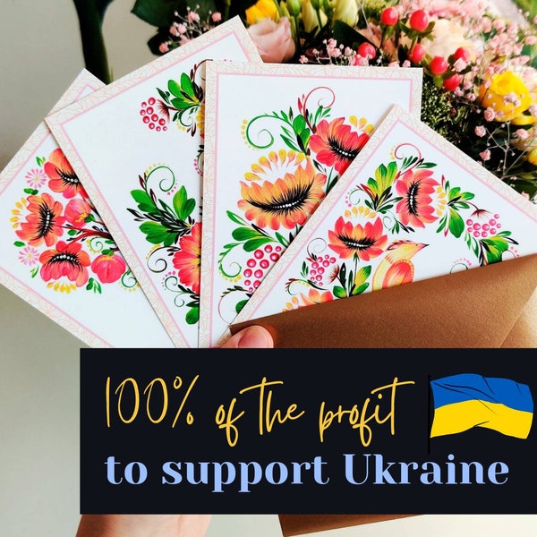 Cards set, 4 greeting postcards, printed Ukrainian flowers card, red petrykivka painting style