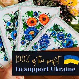 Juego de 4 tarjetas de felicitación, tarjeta con flores ucranianas impresas, estilo petrykivka azul.