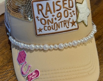 Custom, Trucker Hat, Hüte, Laser graviert, Country-Musik, aufgewachsen auf 90er Jahren, Chenille Patches