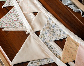 Handmade Floral Fabric Bunting Garland – Pastel Cottagecore Pennant Banner