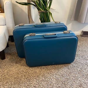 Vintage Blue Suitcase Set: 2 Piece French Cottage Decor, Photo Prop