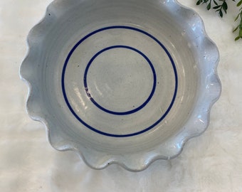 Vintage Blue Band Pottery Bowl: Ruffle Edge Farmhouse Decor