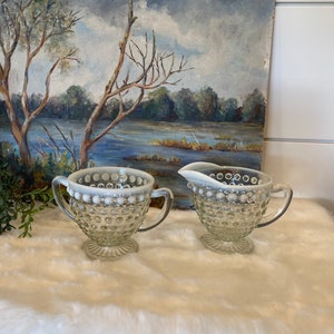 Vintage Hobnail Sugar and Creamer Set, Vintage White an Clear Hobnail Sugar and Creamer, Antique Glass Grandma Style Decor Farmhouse kitchen