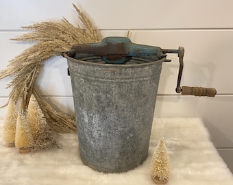 Vintage Hand Crank Ice Cream Freezer: Chippy Galvanized Metal Bucket, 9.5”