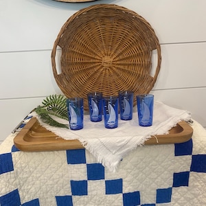 Vintage Cobalt Blue Hazel Atlas Sailboat Juice Glasses - Set of 5