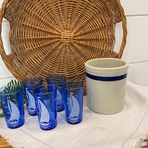 Vintage Blue Band Stoneware Crock, Vintage Stoneware crock, Vintage Utensil Crock, French Cottage Farmhouse Kitchen Decor