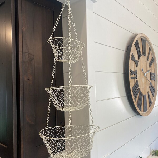 Vintage 3 Tiered Hanging Baskets, Vintage  White Wire Baskets,Wire Kitchen Baskets, Hanging Storage, Pantry Baskets,