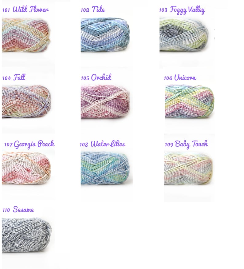 May include: A collection of yarn skeins in various colours and patterns, including Wild Flower, Tide, Foggy Valley, Fall, Orchid, Unicorn, Georgia Peach, Water Lilies, Baby Touch, and Sesame.