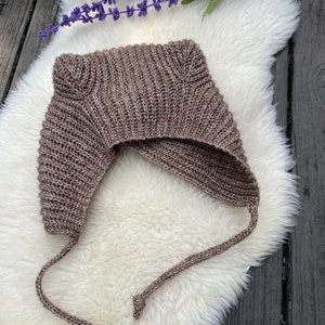May include: A brown and white knitted hat with ear flaps and ties. The hat is made of a ribbed knit fabric and is sitting on a white, fluffy surface. A sprig of purple flowers is in the background.