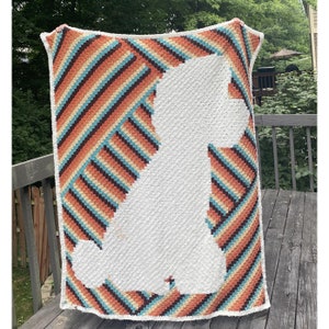 May include: A white crocheted blanket with a dog silhouette in the center. The blanket has a diagonal striped pattern in shades of orange, brown, blue, and cream.
