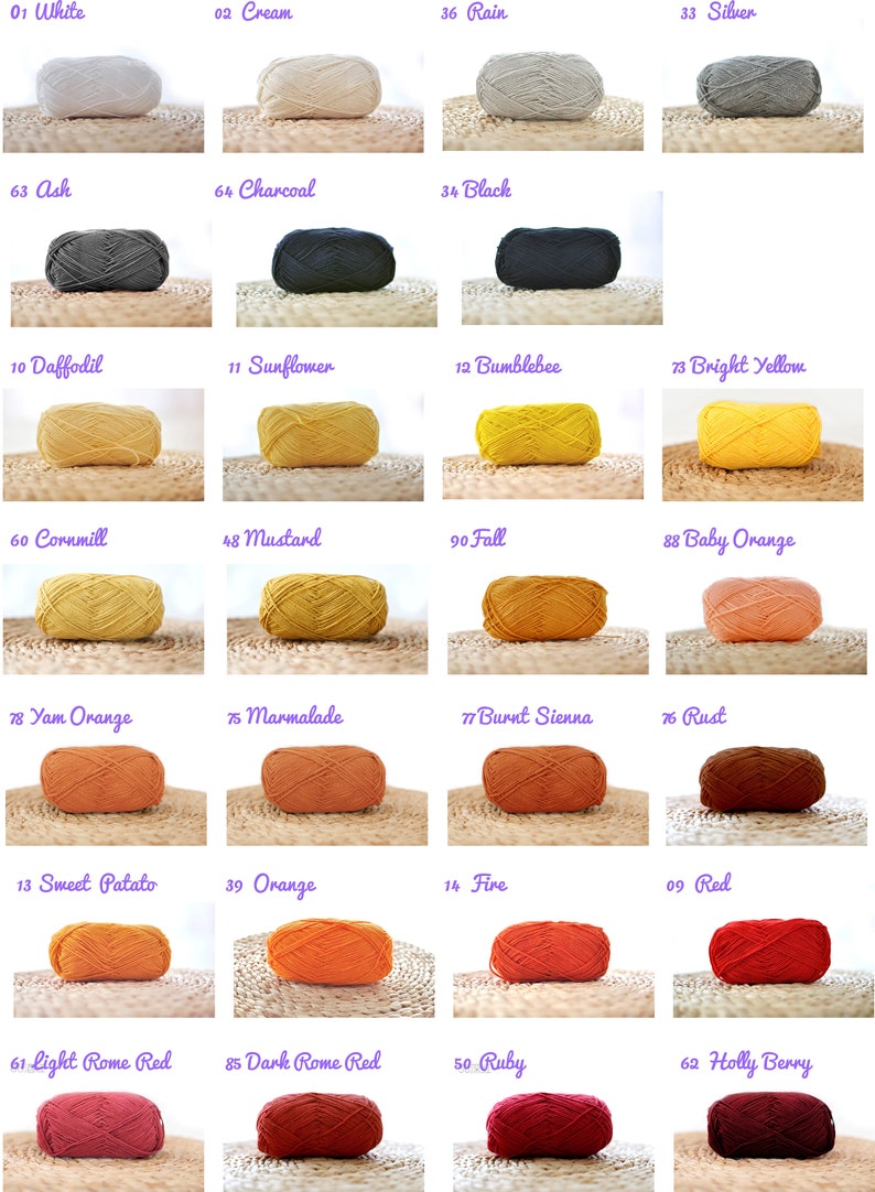 May include: A collection of yarn balls in various colours, including white, cream, rain, silver, ash, charcoal, black, daffodil, sunflower, bumblebee, bright yellow, cornmill, mustard, fall, baby orange, yam orange, marmalade, burnt sienna, rust, sweet potato, orange, fire, red, light rome red, dark rome red, ruby, and holly berry.