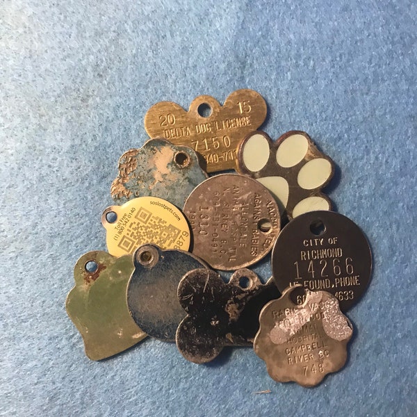 Contemporary dog tags, various shapes, found object art, Mixed media art, steampunk, craft supplies