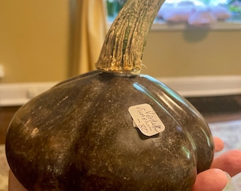 May include: A dark green, knobby gourd with a long, brown stem. A handwritten label on the gourd reads "Vedde Pumpkin - $5".