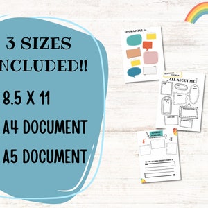 May include: A collection of printable gratitude journal pages. The pages include prompts and templates for self-reflection. The image includes the text "3 SIZES INCLUDED!!" with sizes 8.5 x 11, A4, and A5. A rainbow graphic is in the upper right corner.