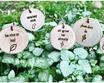 Plant Pun Garden Markers: Wood Burned Plant Signs, Set of 6