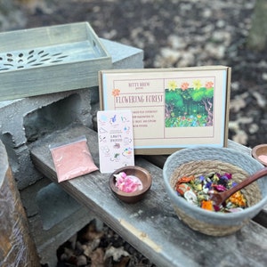 Puede incluir: Un kit de manualidades para ni&ntilde;os llamado "Flowering Forest" de Ditty Brew. El kit incluye una bandeja de madera, un taz&oacute;n de flores secas, una bolsa de polvo rosa, una peque&ntilde;a bolsa de p&eacute;talos de flores rosas y una tarjeta con instrucciones.