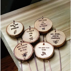 Funny Plant Pun Markers: Wood Burned Garden Stakes, Set of 6