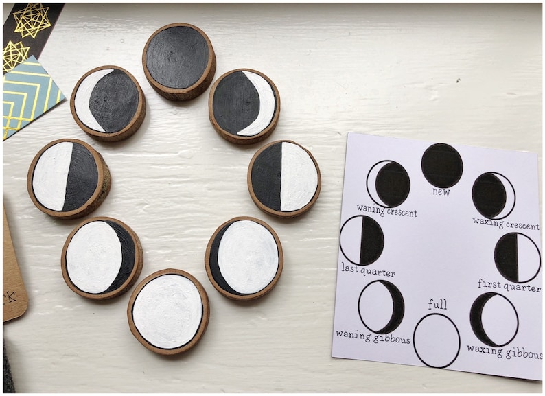 May include: A set of eight wooden moon phases painted in black and white. The phases are arranged in a circle on a white surface. A card with the names of the moon phases is shown to the right of the wooden moon phases.