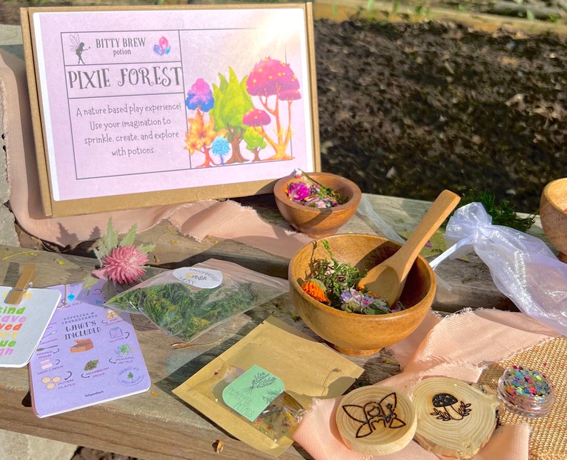 May include: A nature-based play experience kit called "Pixie Forest" with a wooden box, bowls, spoons, and other items for imaginative play. The box has a colorful illustration of a forest with mushrooms and trees.