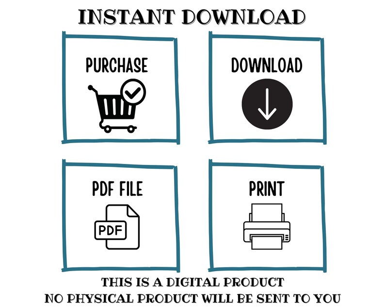 May include: A white graphic with teal borders and black text. The text reads "INSTANT DOWNLOAD" at the top. Below are four boxes with icons and text: "PURCHASE", "DOWNLOAD", "PDF FILE", and "PRINT". The bottom text states "THIS IS A DIGITAL PRODUCT NO PHYSICAL PRODUCT WILL BE SENT TO YOU".