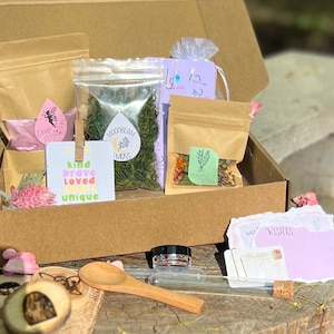 May include: A brown cardboard box filled with various items, including a bag of pink powder labeled "Pink Fairy Dust", a bag of green moss labeled "Moonbeam Moss", a bag of dried flowers labeled "Garden Herbs", a wooden spoon, a small glass jar with glitter, a wooden heart with a fairy design, and two purple cards with the words "Love & Wishes" written on them.