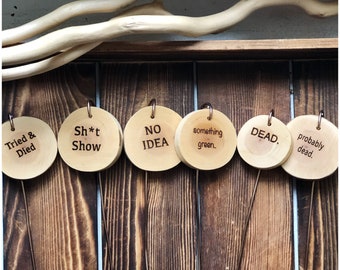 Funny Plant Pun Garden Markers: Wood Burned Herb Labels, Set of 6