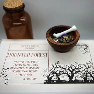 K&ouml;nnte beinhalten: Ein Halloween-Themen-Kit mit einer braunen Glasflasche, einer Holzschale mit einem Knochen und getrockneten Blumen sowie einer Box mit dem Text "HAUNTED FOREST". Die Box zeigt eine gruselige Waldillustration und Fledermaus-Silhouetten.