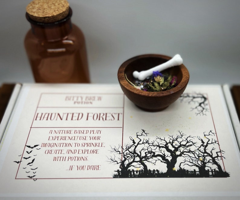 K&ouml;nnte beinhalten: Ein Halloween-Themen-Kit mit einer braunen Glasflasche, einer Holzschale mit einem Knochen und getrockneten Blumen sowie einer Box mit dem Text "HAUNTED FOREST". Die Box zeigt eine gruselige Waldillustration und Fledermaus-Silhouetten.
