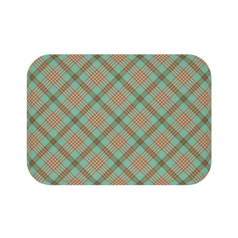 non-slip backing in retro teal blue and orange plaid Light Blue Bath Mat padded microfiber construction