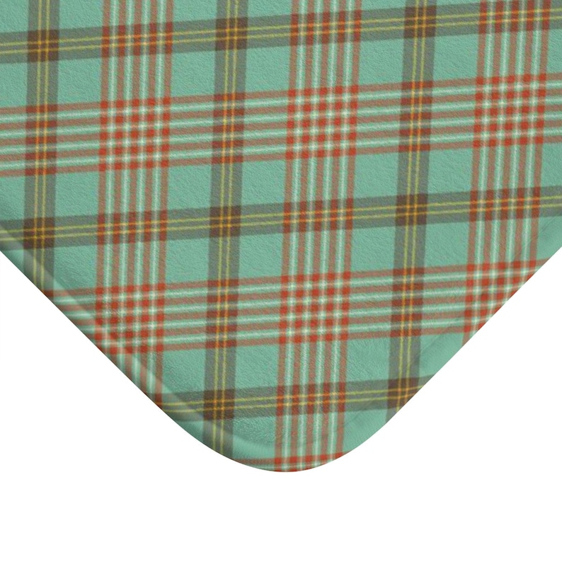 non-slip backing in retro teal blue and orange plaid Light Blue Bath Mat padded microfiber construction