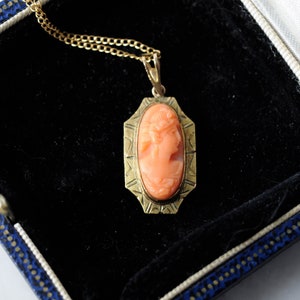 Antique Victorian 10k Gold Coral Woman Cameo Pendant Necklace on 10k Gold Chain