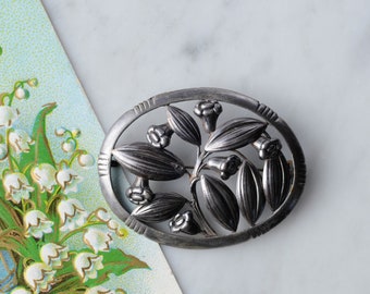 Large Vintage Dutch 835 Silver Art Nouveau Lily of the Valley Flower Repousse Brooch Pin