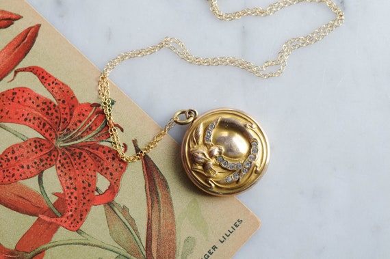 Antique Gold Filled Art Nouveau Locket Necklace With Iris, Flower Motif and  Rhinestones - Etsy