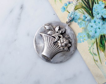 Vintage Sterling Silver Coro Flower Basket Large Pendant Necklace