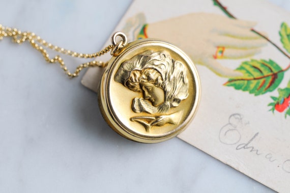 Antique Gold Filled Locket with Victorian Woman H… - image 1