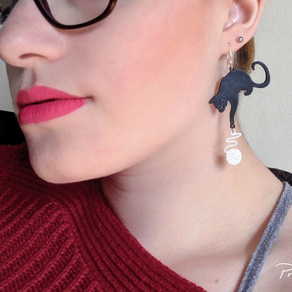 Cat and Yarn Earrings