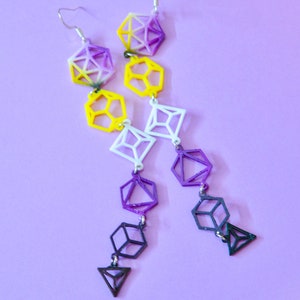 May include: A pair of dangle earrings with geometric shapes in shades of purple, yellow, white, and black. The earrings are made of acrylic and have a silver hook.