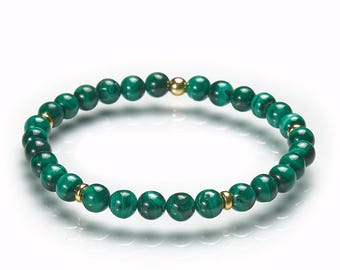 Malachitarmband - natürlicher Malachit und 925 Silber vergoldet  - Edelsteinarmband Stretch - Perlenarmband grün für Damen