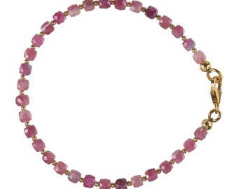 Pulsera de turmalina rosa/rubelita plateada bañada en oro
