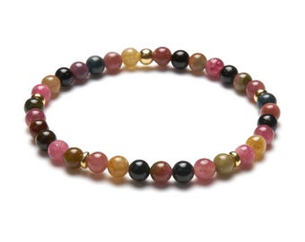 Pulsera de turmalina - turmalina natural de colores, plata de ley 925 bañada en oro - pulsera de perlas de colores - pulsera de bolas de turmalina 6 mm