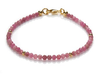 Pulsera turmalina rosa/rubellita plata bañada en oro