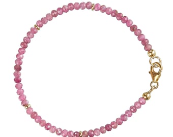 Pulsera de turmalina rosa/rubelita plateada bañada en oro