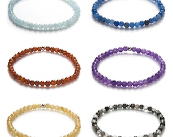 Pulseira de pedras preciosas - pulseira de pedra natural - pulseira de contas de 4 mm - vários tipos e cores - pulseira de ametista, pulseira de cristal de rocha, pulseira de água-marinha