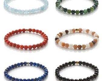 Pulseira de pedras preciosas - pulseira de pedra natural de 6 mm - pulseira de pérolas - muitas variedades e cores - pulseira de ametista, pulseira de coral, pulseira de água-marinha