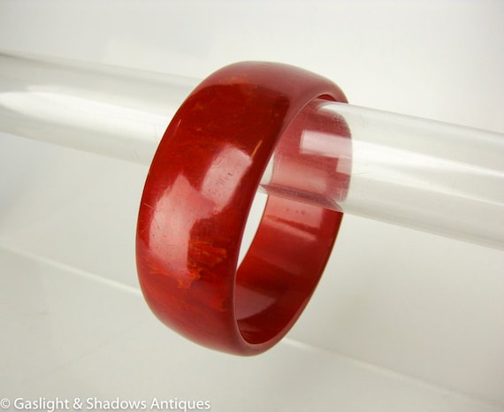 Red Marbled Bakelite Vintage Chunky Wide Bracelet… - image 1