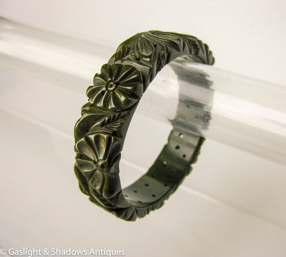 Bakelite Olive Green Deeply Carved Vintage Bracel… - image 1